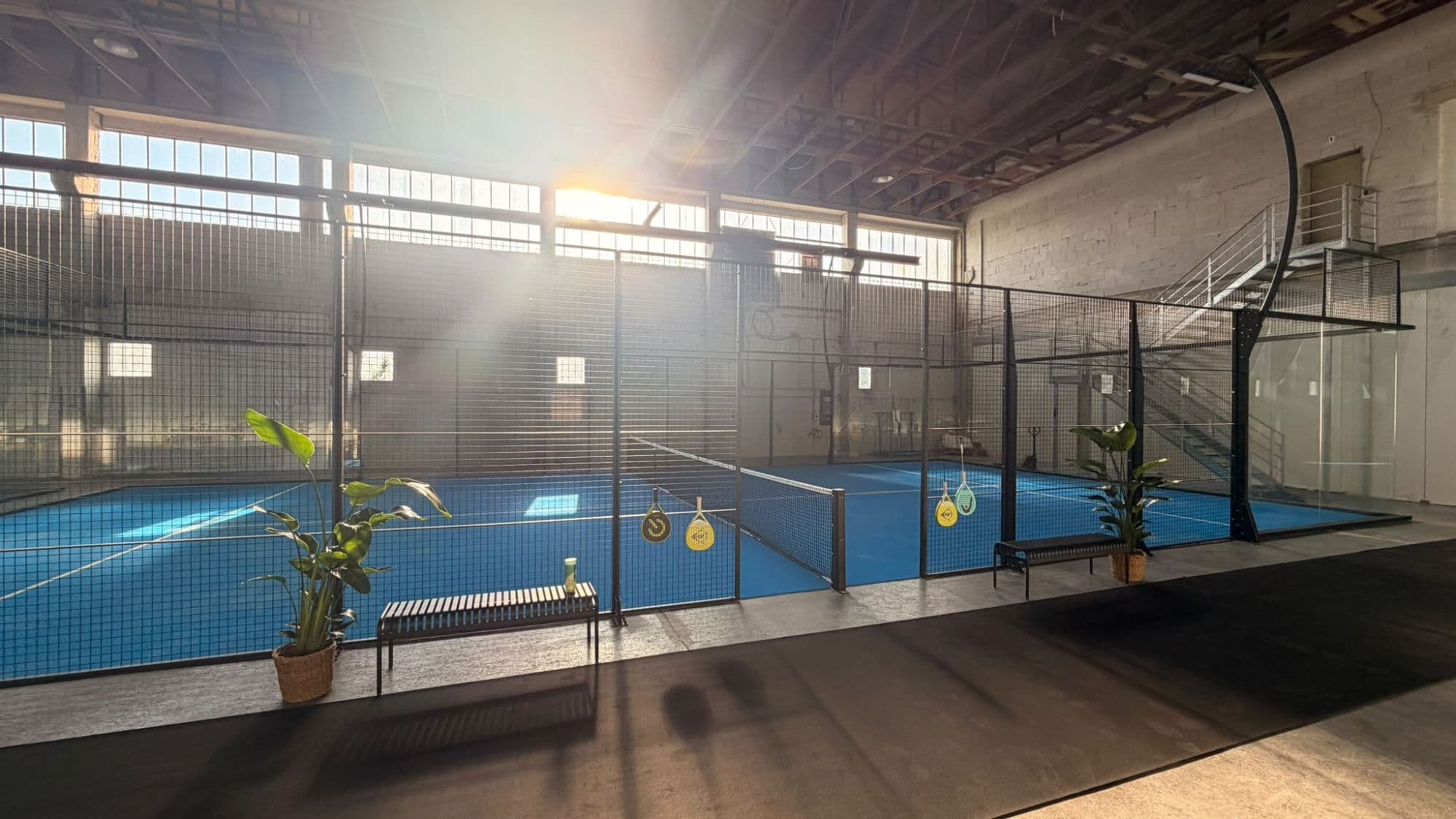 Indoor-Padel-Court bei oak padel in Aichach im Gegenlicht, davor eine Sitzbank, Pflanzen und Padelschläger am Gitter