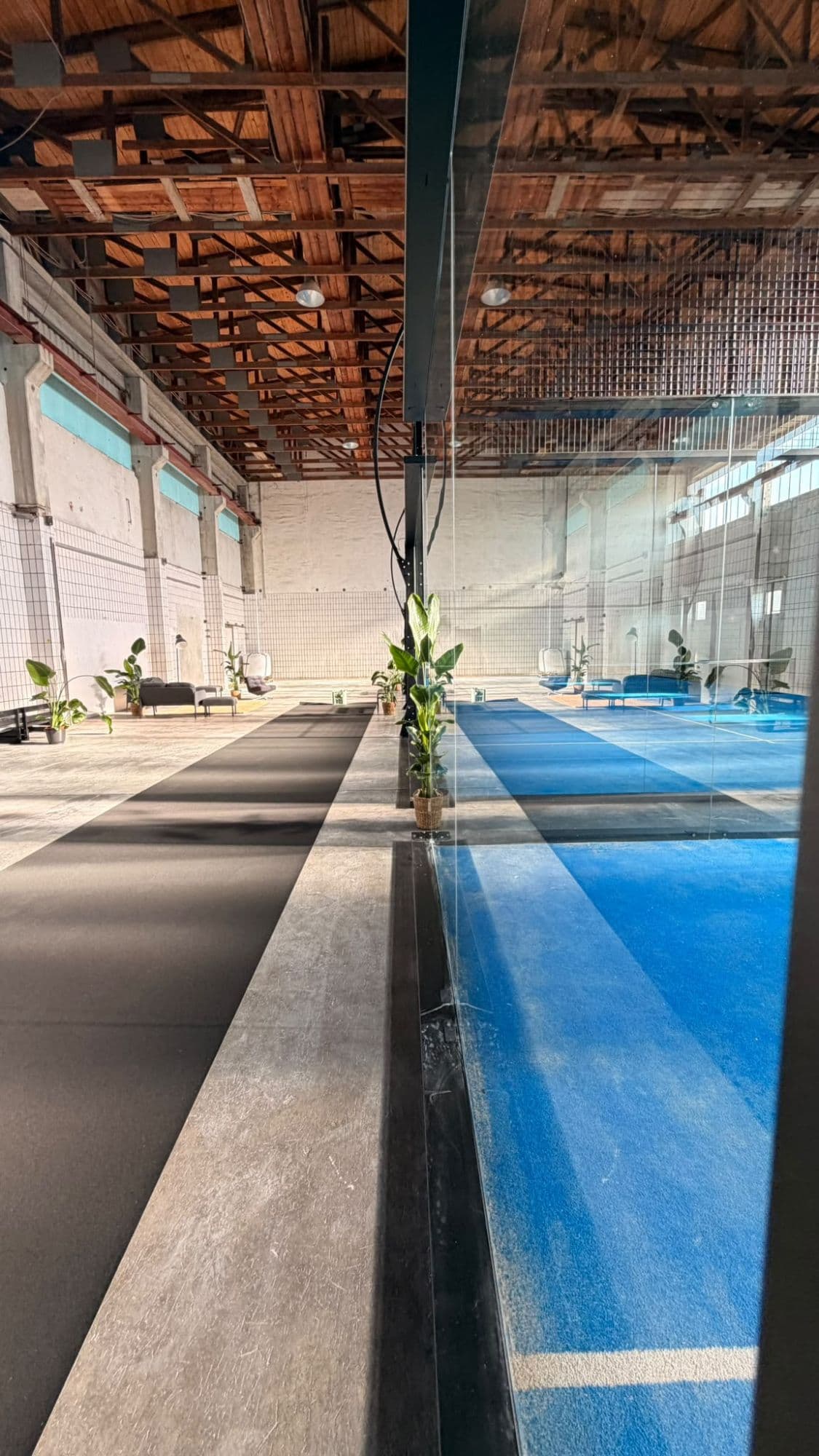 Blick entlang der Glaswand eines Padel-Courts durch die Halle von oak padel mit historischem Holzdachstuhl und Lounge